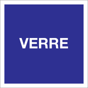 Blauwe sticker met tekst voor afvalscheiding van wegwerp glas