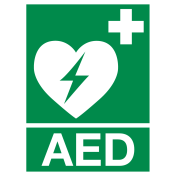 Bord met pictogram en tekst AED volgens ISO 7010