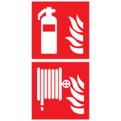 Bord met pictogram van een brandblusser en brandslanghaspel met vlam