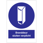 Bord met pictogram en tekst branddeur sluiten blauw-wit NEN 3011