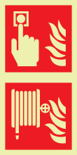 Gecombineerd fotoluminescerend bord met pictogram van een brandslanghaspel en handbrandmelder volgens ISO 7010