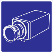 Blauw bord met pictogram camera voor aanduiden camerabewaking