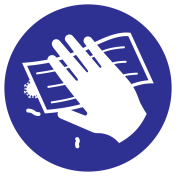 Blauw bord met pictogram oppervlak ontsmetten verplicht