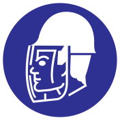 Blauw bord met pictogram om aan te duiden dat een gelaatsscherm verplicht is