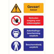 Bord met pictogrammen en tekst Gevaar Asbest