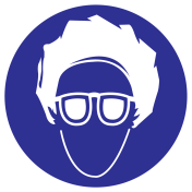 Blauw bord met pictogram om aan te duiden dat een haarnet en oogbescherming verplicht is