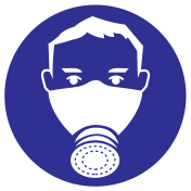 Blauw bord met pictogram om aan te duiden dat het dragen van een halfgelaatsmasker verplicht is