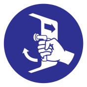 Blauw bord met pictogram om aan te duiden dat de luiken gesloten en beveiligd moeten worden