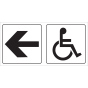 Bord met pictogram voor aanduiding ruimte voor mindervaliden met pijl naar links