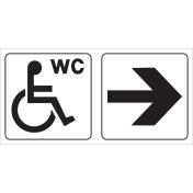 Bord met pictogram mindervaliden voor toilet met pijl naar rechts