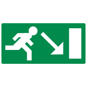 Bord met pictogram nooduitgang rechts omlaag