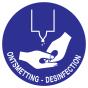 Blauw bord met pictogram om aan te duiden dat ontsmetting verplicht is