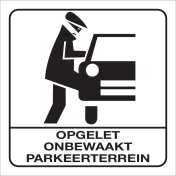 Wit bord met pictogram om te waarschuwen dat het een onbewaakt parkeerterrein is.