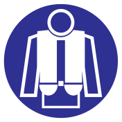 Blauw bord met pictogram om aan te duiden dat het gebruik van een zwemvest verplicht is