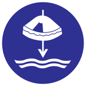 Blauw bord met pictogram voor aanduiding reddingsvlot laten zakken