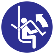 Blauw bord met pictogram om aan te duiden dat de veiligheidsbeugel geopend moet worden