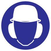 Blauw bord met pictogram voor het aanduiden dat gehoorbescherming en veiligheidshelm verplicht is