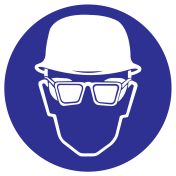Blauw bord met pictogram om aan te duiden dat oogbescherming en een veiligheidshelm verplicht zijn