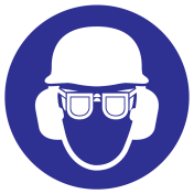 Bord Helm, oog en gehoorbescherming verplicht ISO7010