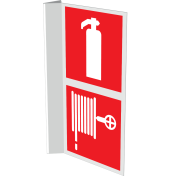 Haaks bord met pictogram van een brandblusser en brandslanghaspel