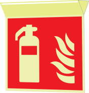 Fotoluminescerend haaks hangend bord met pictogram van een brandblusser volgens ISO 7010