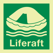 Fotoluminescerende sticker met IMO pictogram en tekst van een reddingsvlot