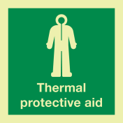 Fotoluminescerende sticker met IMO pictogram en tekst Thermische Bescherming