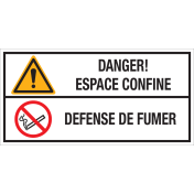 Bord met pictogram en tekst: "Danger! Espace Confine - Defense de Fumer" - ISO 7010 - W001, P002
