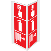 Gecombineerd panorama bord met pictogram van een brandblusser, brandhaspel en handmelder