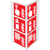 Gecombineerd panorama bord met pictogram van een brandblusser, brandslang en handmelder met vlam