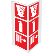 Gecombineerd panorama bord met pictogram van een brandblusser, brandslanghaspel en handbrandmelder met pijl