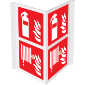 Gecombineerd panorama bord met pictogram van een brandblusser en brandslanghaspel met vlam