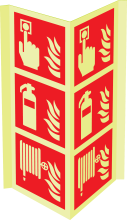 Gecombineerd fotoluminescerend panorama bord met pictogram van een brandblusser, brandslanghaspel en handbrandmelder volgens ISO 7010