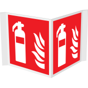Panorama bord met pictogram van een brandblusser met vlam