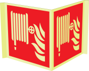 Fotoluminescerend panorama bord met pictogram van een brandslanghaspel volgens ISO 7010