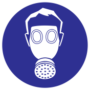Blauwe sticker met pictogram om aan te duiden dat adembescherming verplicht is