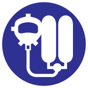 Blauwe sticker met pictogram om aan te duiden dat ademhalingsapparatuur verplicht is