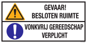 Sticker met pictogram en tekst: "Gevaar! Besloten Ruimte - Vonkvrij Gereedschap Verplicht" - ISO 7010 - W001, M001