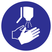 Blauwe sticker met pictogram handen ontsmetten verplicht