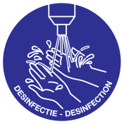 Blauwe sticker met pictogram en tekst om aan te duiden dat desinfectie van de handen verplicht is