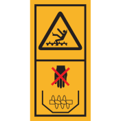 Machinemarkering sticker waarschuwing "Draaiende Delen, Gevaar voor Benen, Nooit in tank terwijl motor draait" volgens ISO 11684