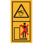 Machinemarkering sticker waarschuwing "Draaiende Delen, Gevaar voor hand en arm, Niet op platform meerijden" volgens ISO 11684