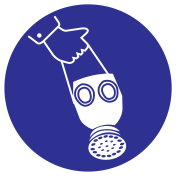 Blauwe sticker met pictogram om aan te duiden dat het meedragen van een gasmasker verplicht is