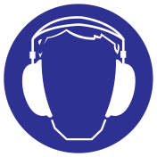 Blauwe sticker met pictogram om aan te duiden dat gehoorbescherming verplicht is