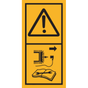 Machinemarkering sticker waarschuwing "Gevaar! Motor afzetten en bougie kap verwijderen voor reparatie en onderhoud" volgens ISO 11684