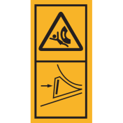 Machinemarkering sticker waarschuwing "Gevaar voor overrijden, Wielblok / Wielkeg plaatsen" volgens ISO 11684
