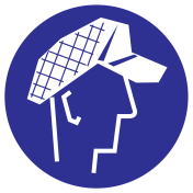 Blauwe sticker met pictogram om aan te duiden dat een haarnet voor heren verplicht is