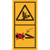 Machinemarkering sticker waarschuwing "Knel- en pletgevaar voor hand en vingers, Niet grijpen als onderdelen nog in beweging kunnen zijn" volgens ISO 11684