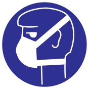 Blauwe sticker met pictogram om aan te duiden dat een mondmasker verplicht is