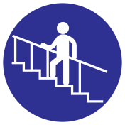 Blauwe sticker met pictogram om aan te duiden dat de trapleuning gebruiken verplicht is